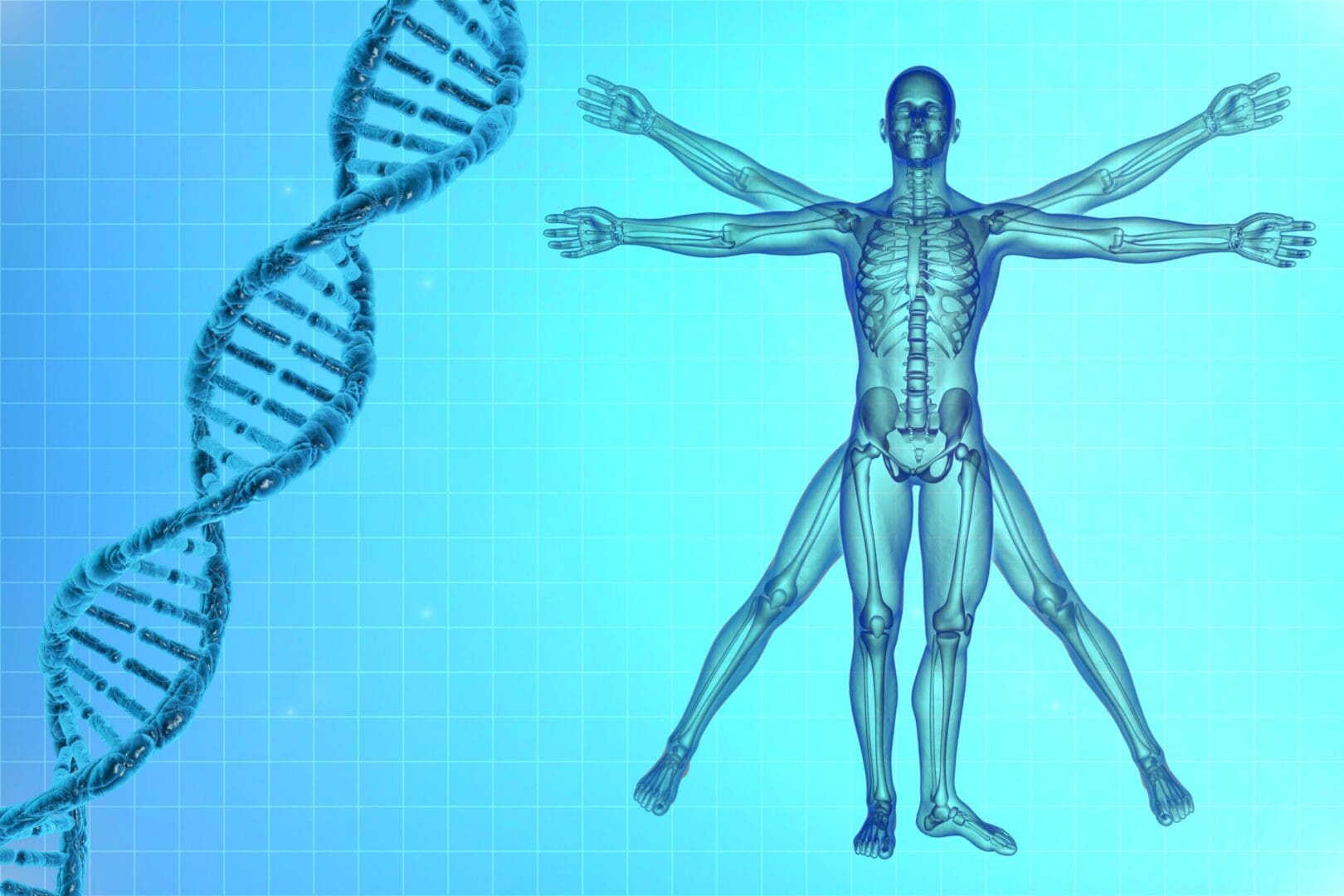 A blue background with a drawing of a human body and dna.