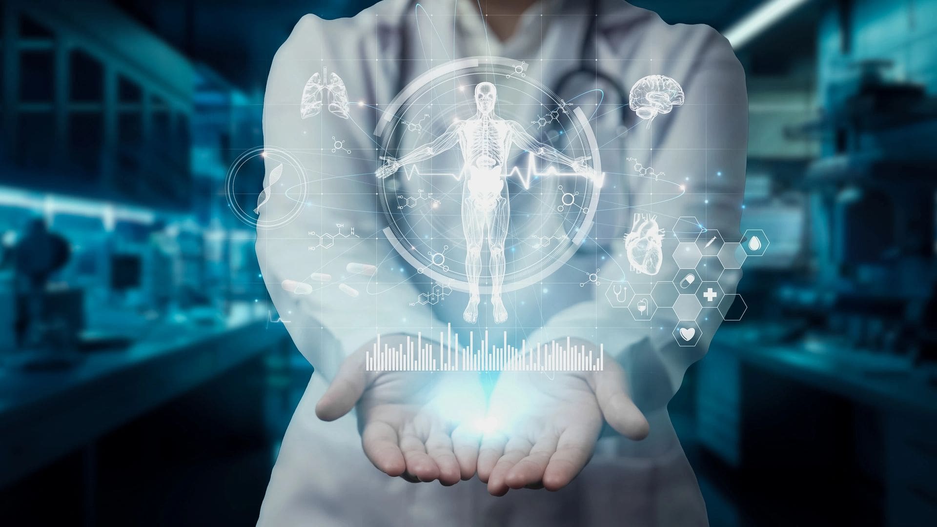 A doctor holding out his hands with medical icons in the background.