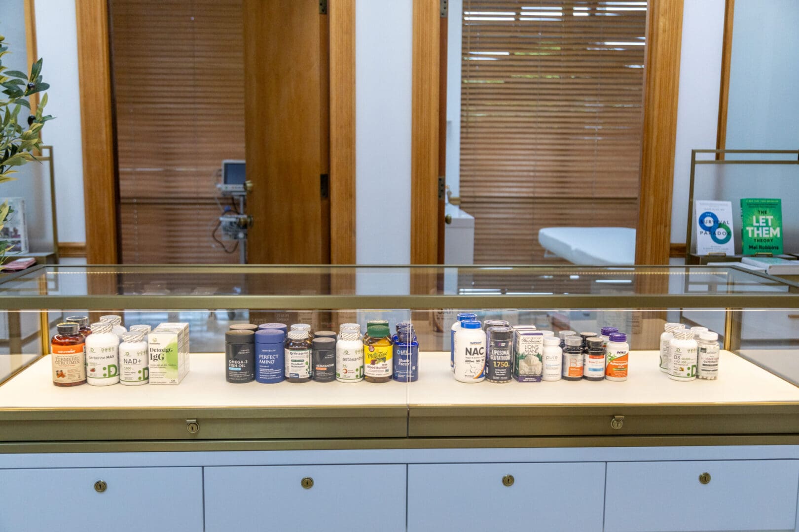 Supplements displayed in glass cabinet.