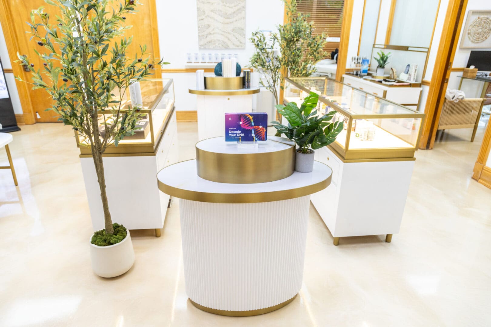 Elegant jewelry store interior with display counters.