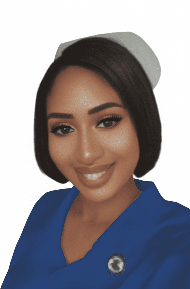 Smiling nurse in blue uniform and cap.